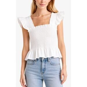Hill House Home Paz Nap Top in White 100% Linen Sz L Crop Ruffle Peplum Top